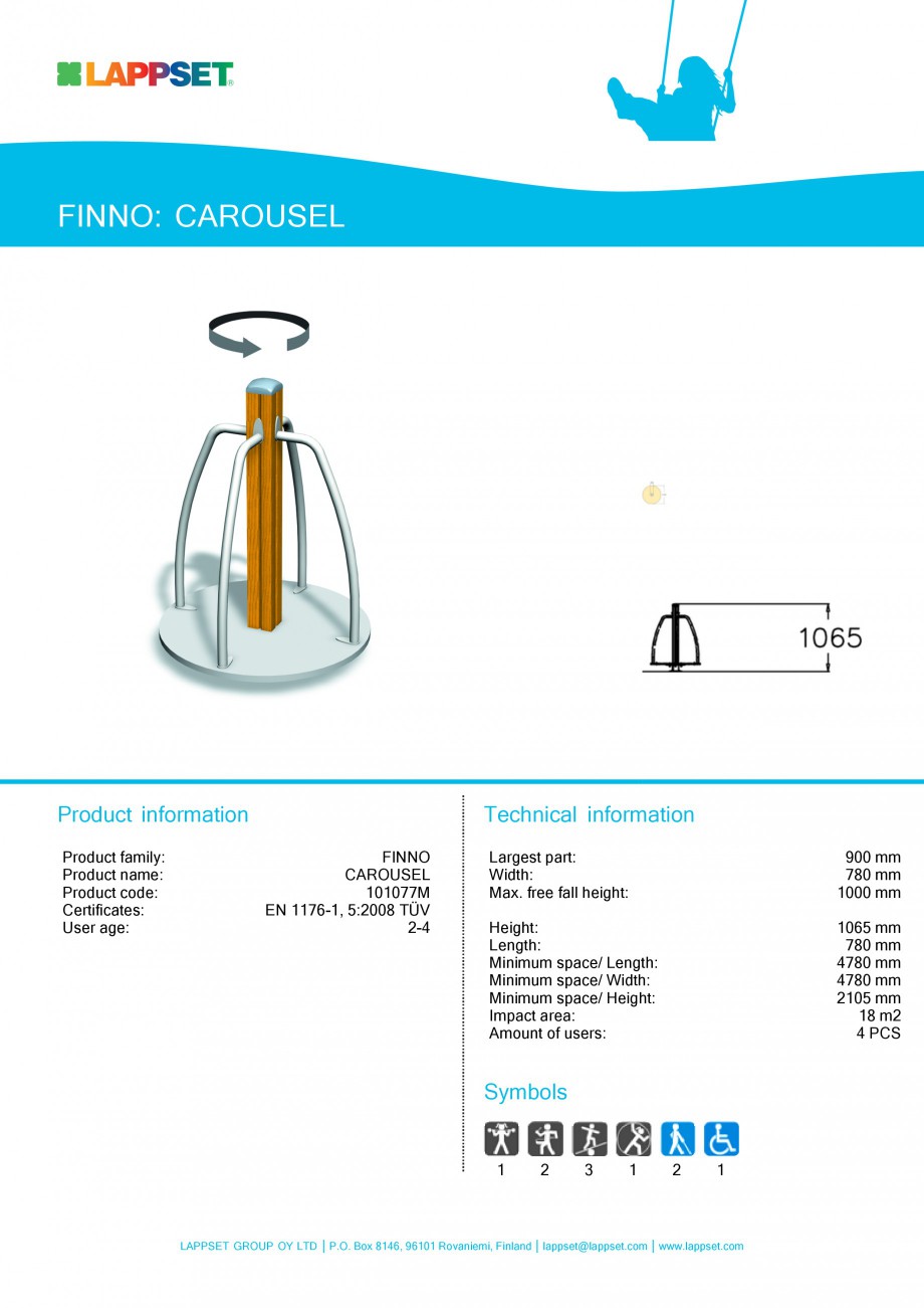 Pagina 1-Echipament de joaca pentru copii - CAROUSEL 101077M LAPPSET NEW FINNO Fisa tehnica Engleza FINNO:...