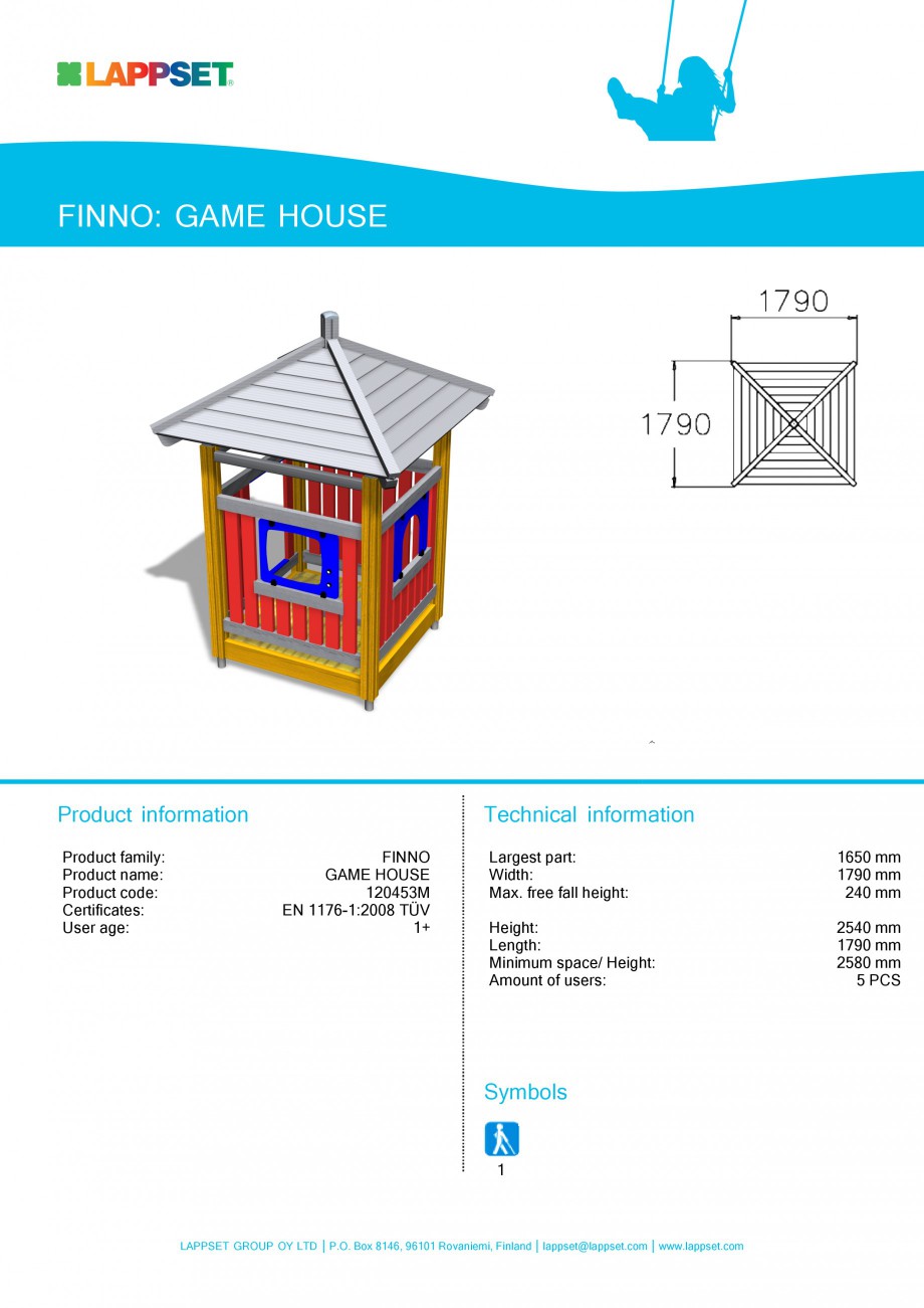 Pagina 1-Echipament de joaca pentru copii - GAME HOUSE 120453M LAPPSET NEW FINNO Fisa tehnica Engleza FINNO: ...