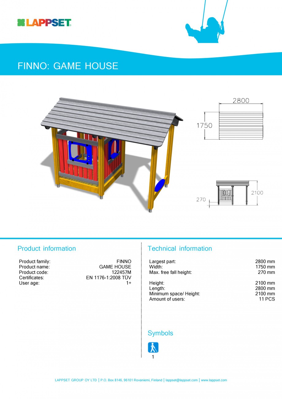 Pagina 1-Echipament de joaca pentru copii - GAME HOUSE 122457M LAPPSET NEW FINNO Fisa tehnica Engleza FINNO: ...