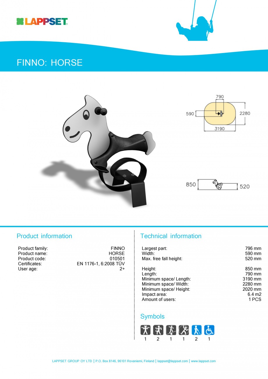 Pagina 1-Echipament de joaca pentru copii - HORSE 010501 LAPPSET NEW FINNO Fisa tehnica Engleza FINNO: HORSE
...