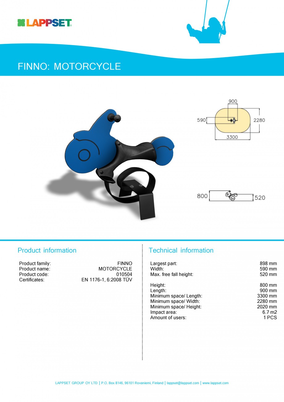 Pagina 1-Echipament de joaca pentru copii - MOTORCYCLE 010504 LAPPSET NEW FINNO Fisa tehnica Engleza FINNO:...
