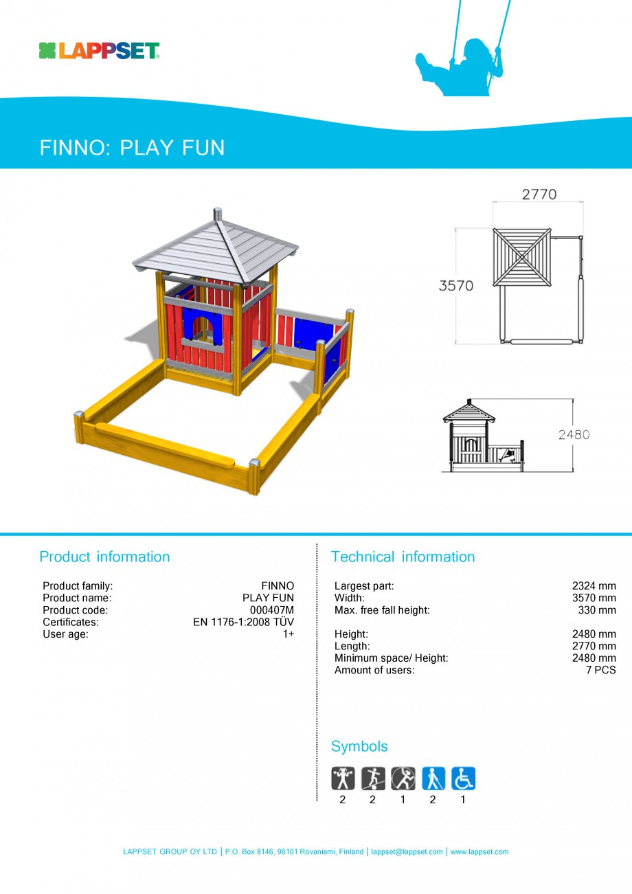 Pagina 1-Echipament de joaca pentru copii - PLAY FUN 000407M LAPPSET NEW FINNO Fisa tehnica Engleza FINNO:...