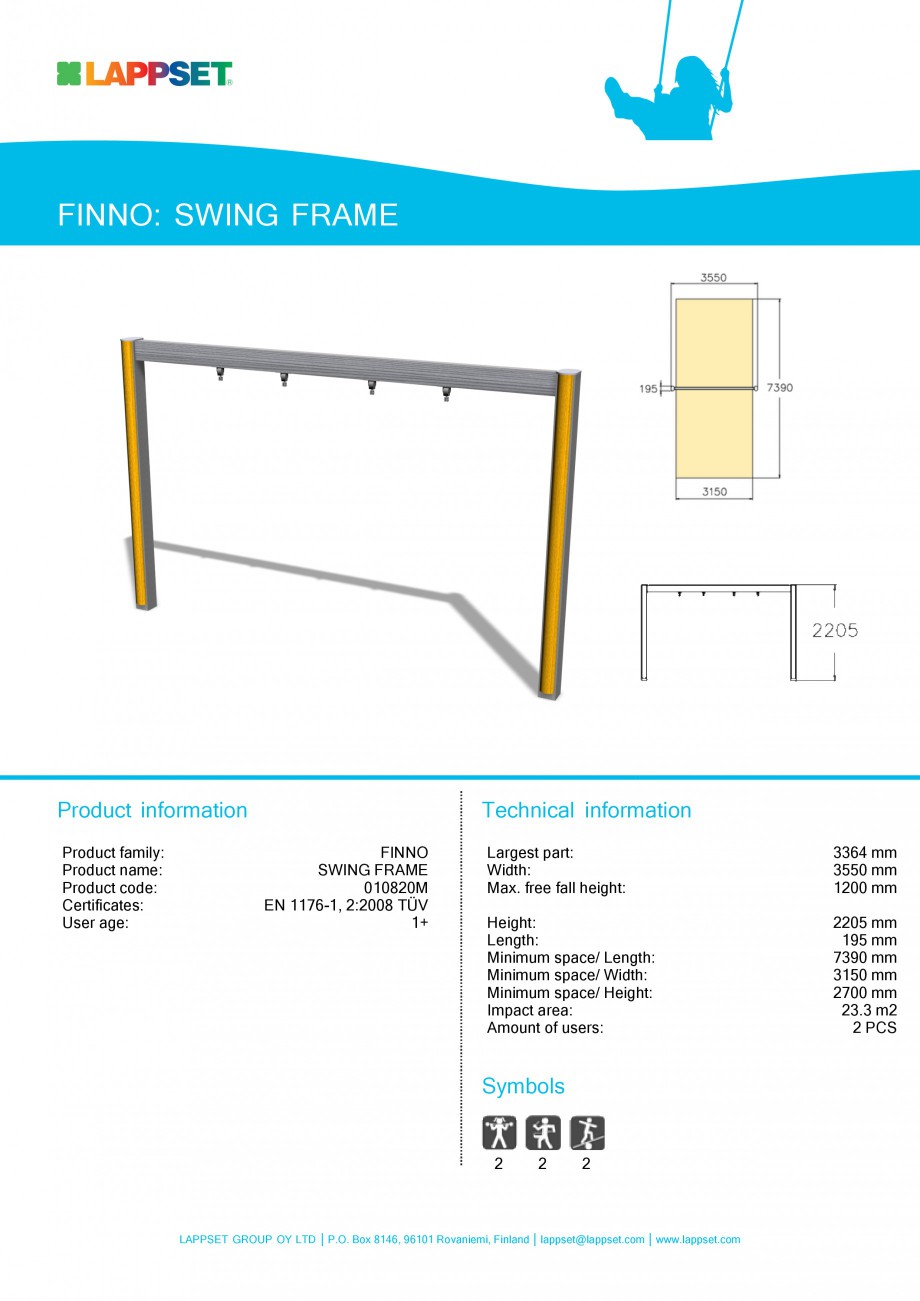 Pagina 1-Echipament de joaca pentru copii - SWING FRAME 010820 LAPPSET NEW FINNO Fisa tehnica Engleza FINNO: ...