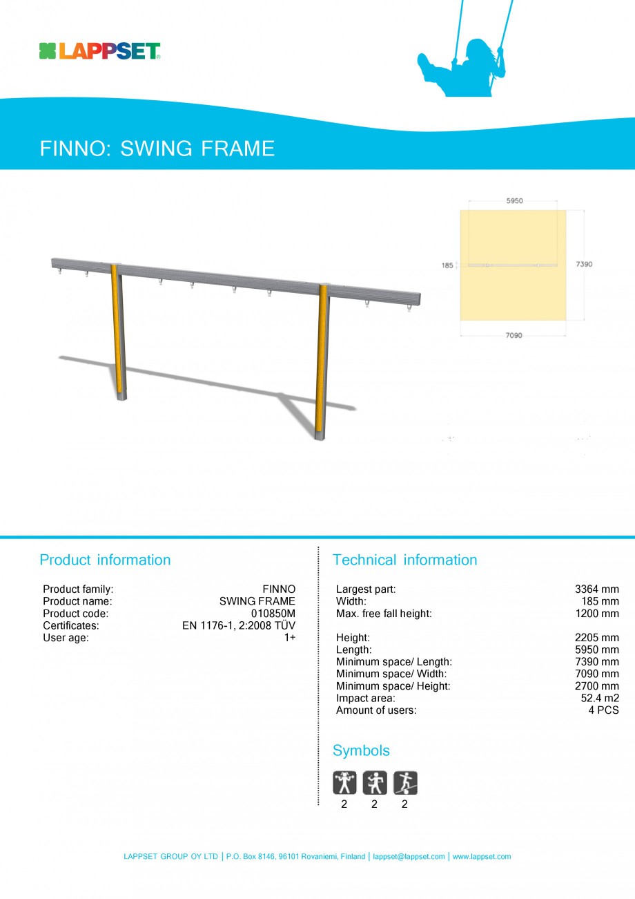 Pagina 1-Echipament de joaca pentru copii - SWING FRAME 010850M LAPPSET NEW FINNO Fisa tehnica Engleza FINNO:...