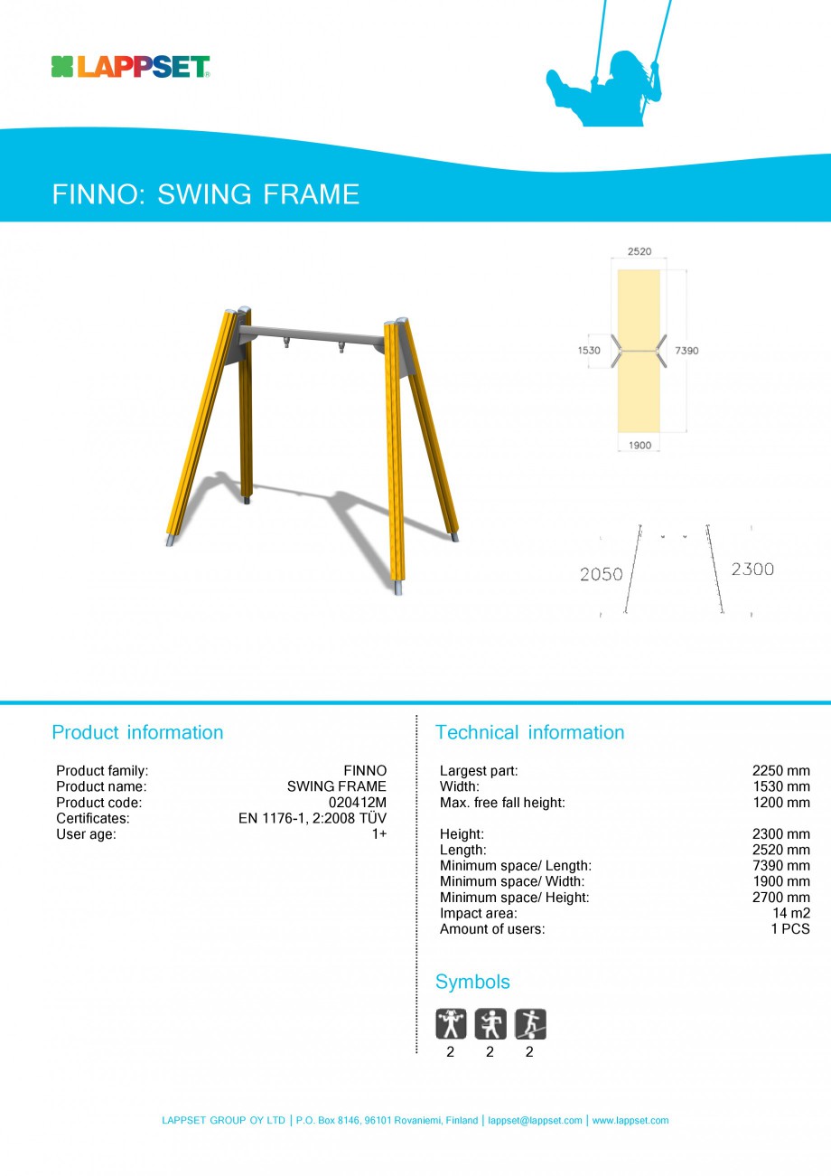 Pagina 1-Echipament de joaca pentru copii - SWING FRAME 020412M LAPPSET NEW FINNO Fisa tehnica Engleza FINNO:...