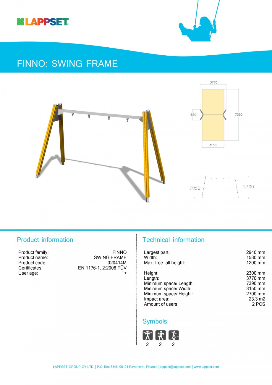 Pagina 1-Echipament de joaca pentru copii - SWING FRAME 020414M LAPPSET NEW FINNO Fisa tehnica Engleza FINNO:...