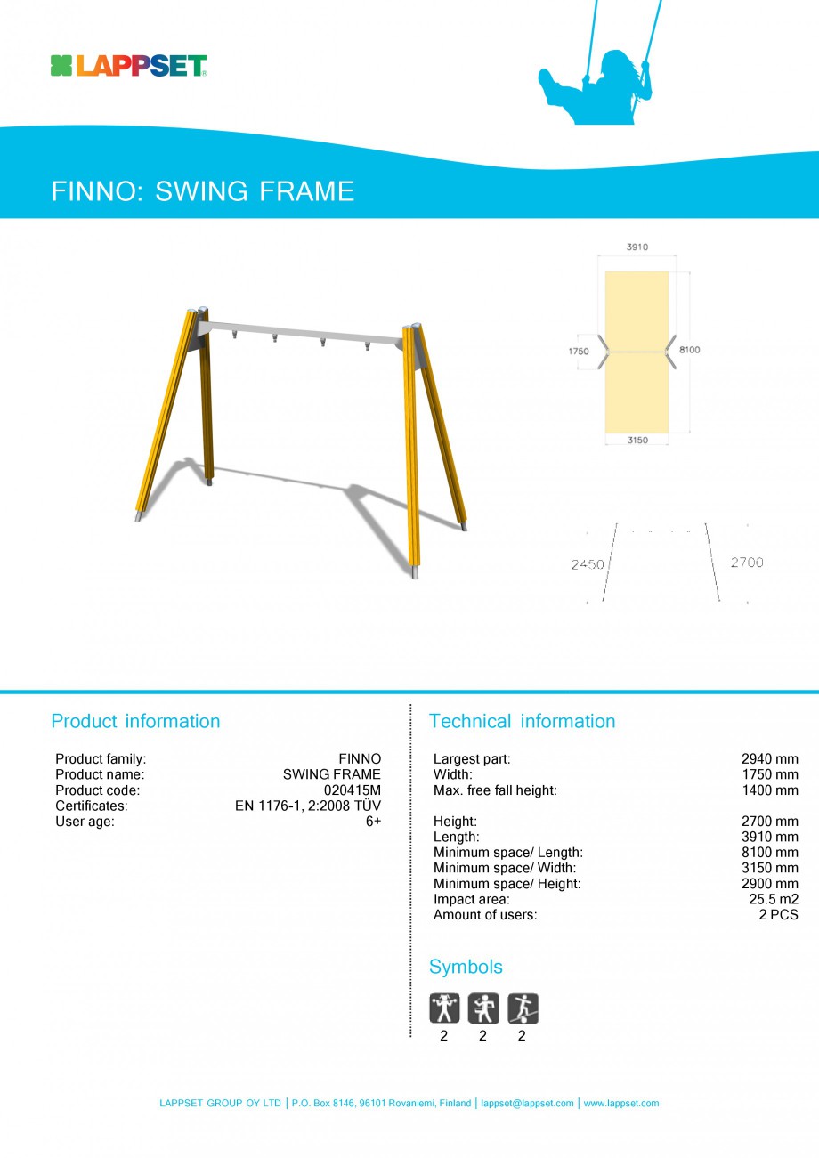 Pagina 1-Echipament de joaca pentru copii - SWING FRAME 020415M LAPPSET NEW FINNO Fisa tehnica Engleza FINNO:...