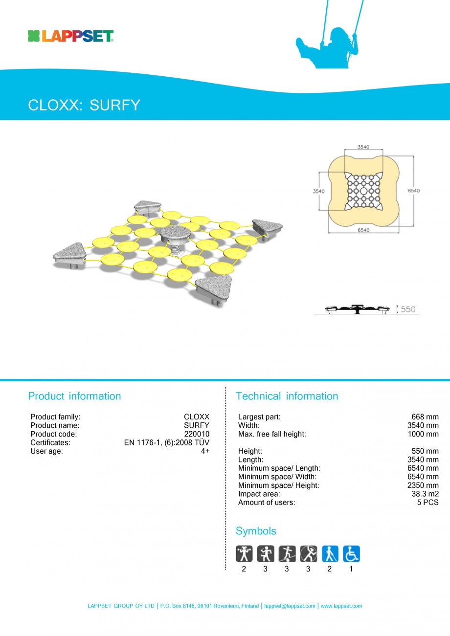 Pagina 1-Echipament de joaca pentru copii SURFY 220010 LAPPSET CLOXX Fisa tehnica Engleza CLOXX: SURFY
...