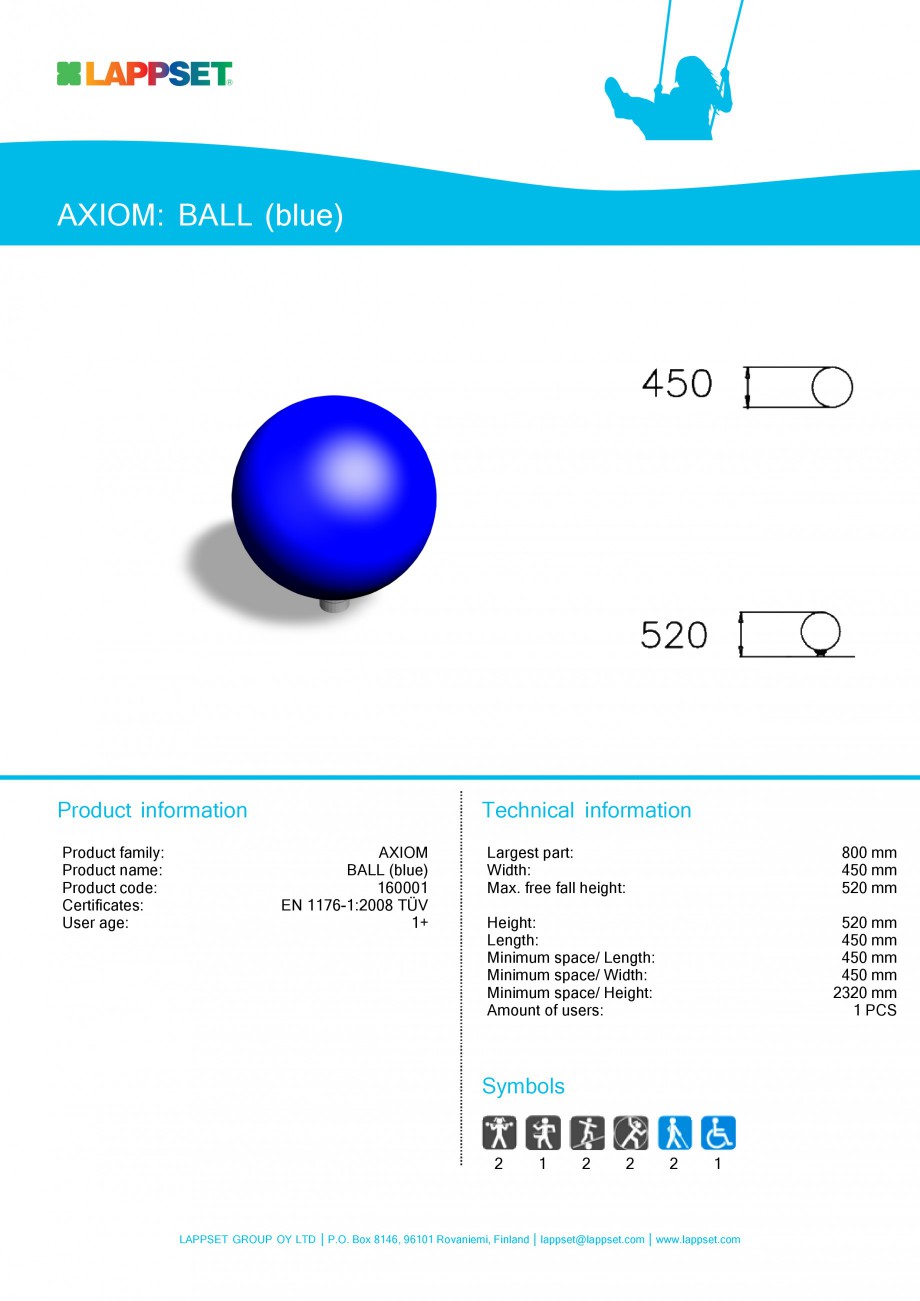 Pagina 1-Echipament de joaca pentru copii - BALL Blue 160001 LAPPSET Fisa tehnica Engleza AXIOM: BALL (blue)
...