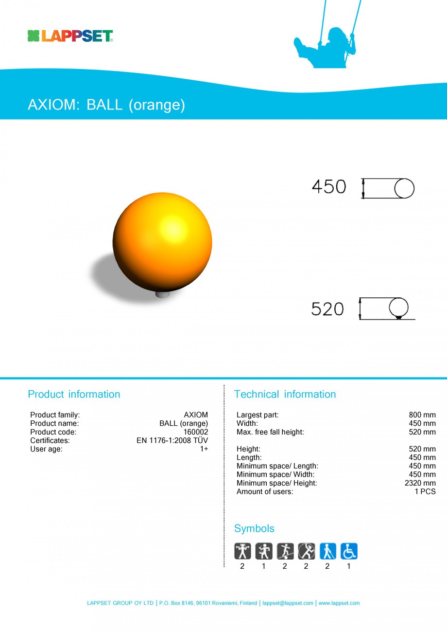 Pagina 1-Echipament de joaca pentru copii - BALL Orange 160002 LAPPSET Fisa tehnica Engleza AXIOM: BALL...