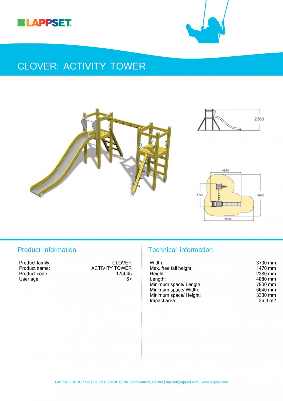 Pagina 1-Echipament de joaca pentru copii - ACTIVITY TOWER 175045 LAPPSET CLOVER Fisa tehnica Engleza CLOVER:...
