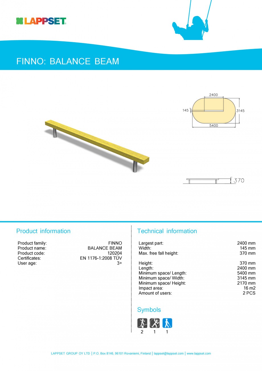 Pagina 1-Echipament de joaca pentru copii - BALANCE BEAM 120204 LAPPSET CLOVER Fisa tehnica Engleza FINNO:...