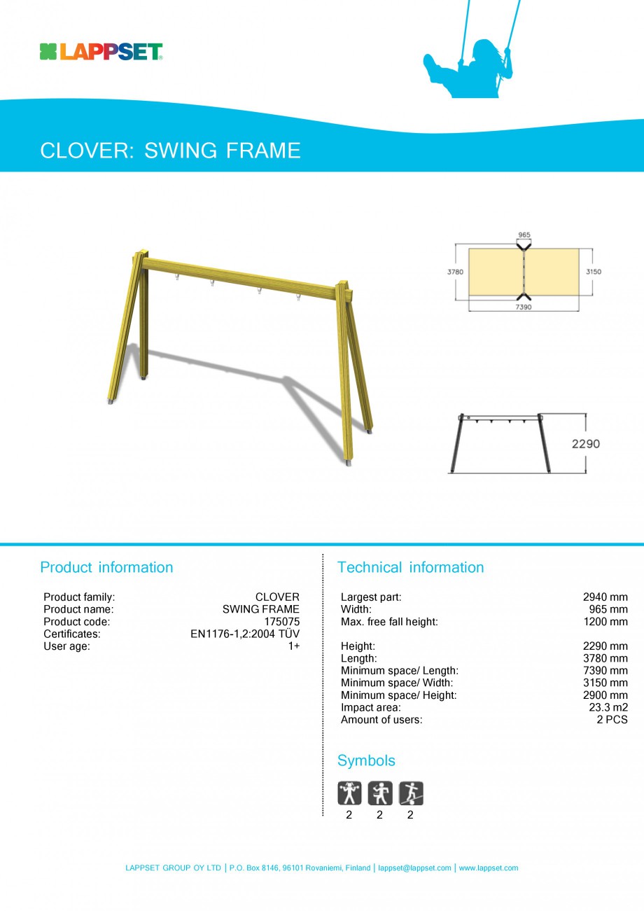 Pagina 1-Echipament de joaca pentru copii - SWING FRAME 175075 LAPPSET CLOVER Fisa tehnica Engleza CLOVER:...
