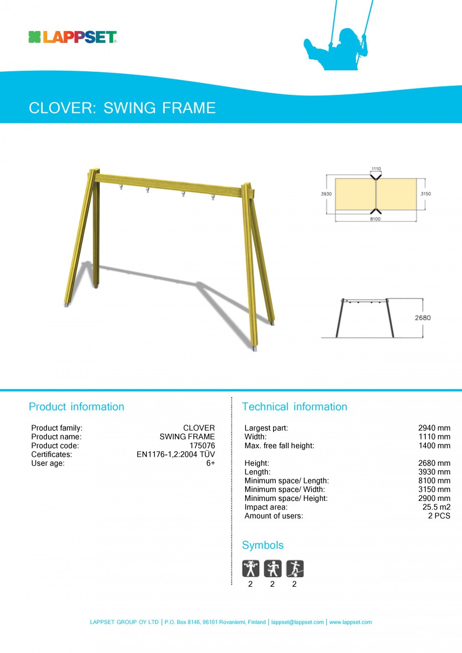 Pagina 1-Echipament de joaca pentru copii - SWING FRAME 175076 LAPPSET CLOVER Fisa tehnica Engleza CLOVER:...