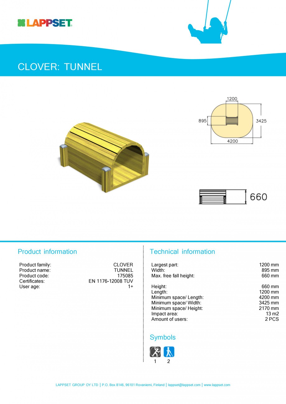 Pagina 1-Echipament de joaca pentru copii - TUNNEL 175085 LAPPSET CLOVER Fisa tehnica Engleza CLOVER: TUNNEL
...