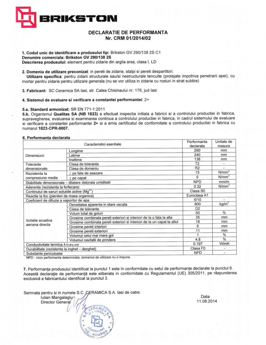 Pagina 1-Declaratie de performanta BRIKSTON GV 290/138 2S Fisa tehnica Romana 