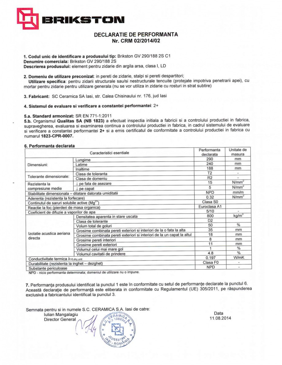 Pagina 1-Declaratie de performanta BRIKSTON GV 290/188 2S Fisa tehnica Romana 