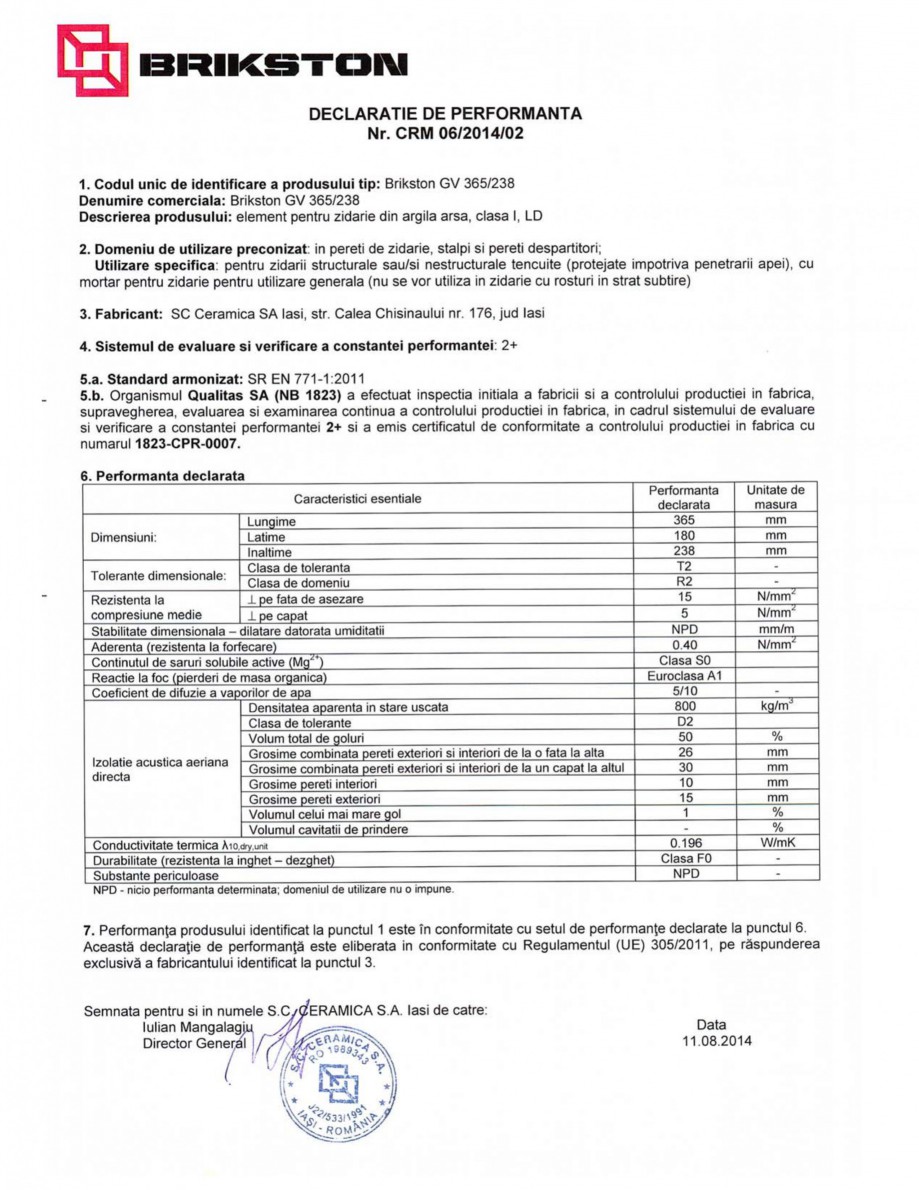 Pagina 1 - Declaratie de performanta BRIKSTON GV 365/238 Fisa tehnica Romana 