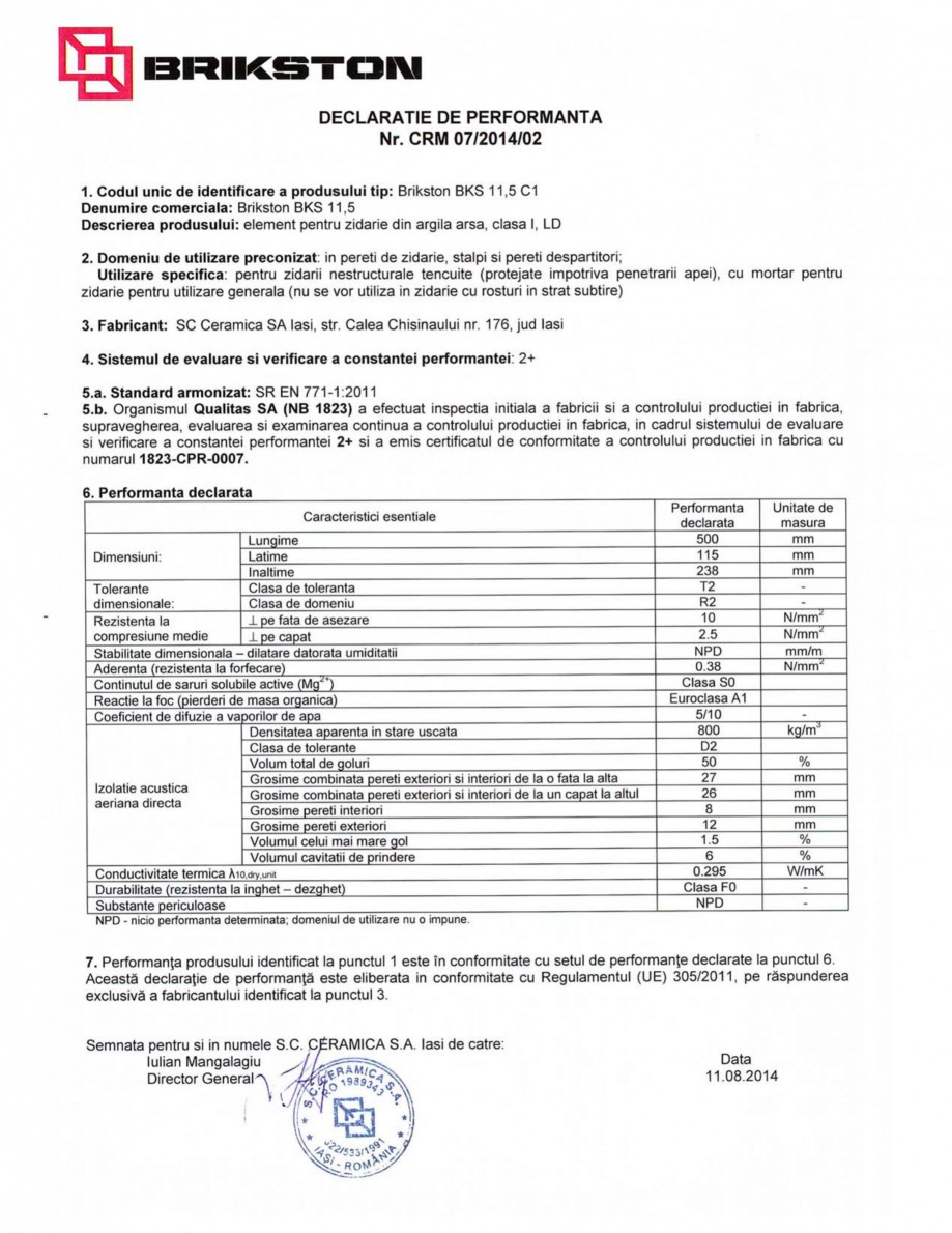 Pagina 1-Declaratie de performanta BRIKSTON BKS 11.5 Fisa tehnica Romana 