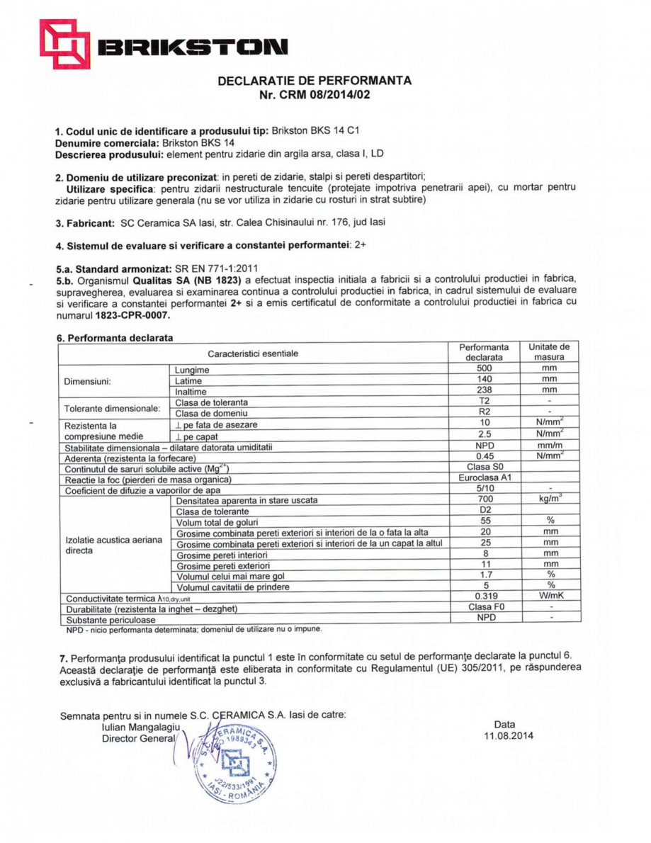 Pagina 1-Declaratie de performanta - cod C1 BRIKSTON BKS 14 Fisa tehnica Romana 