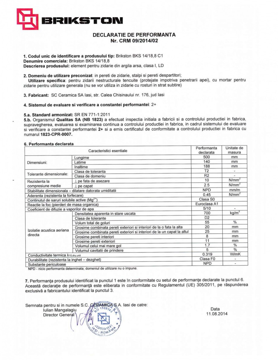 Pagina 1-Declaratie de performanta BRIKSTON BKS 14/18.8 Fisa tehnica Romana 