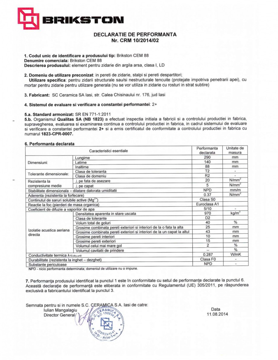 Pagina 1-Declaratie de performanta BRIKSTON CEM 88 Fisa tehnica Romana 