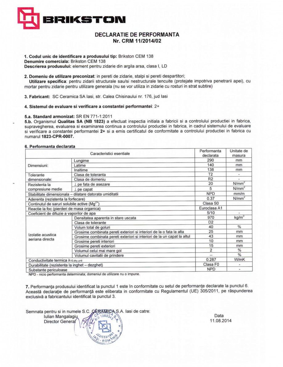 Pagina 1-Declaratie de performanta BRIKSTON CEM 138 Fisa tehnica Romana 