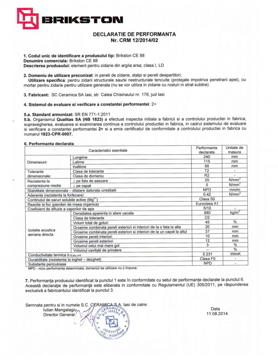 Pagina 1-Declaratie de performanta BRIKSTON CE 88 Fisa tehnica Romana 