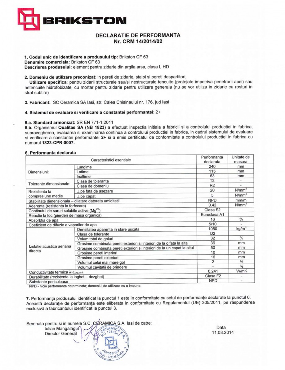 Pagina 1 - Declaratie de performanta BRIKSTON CF 63 Fisa tehnica Romana 