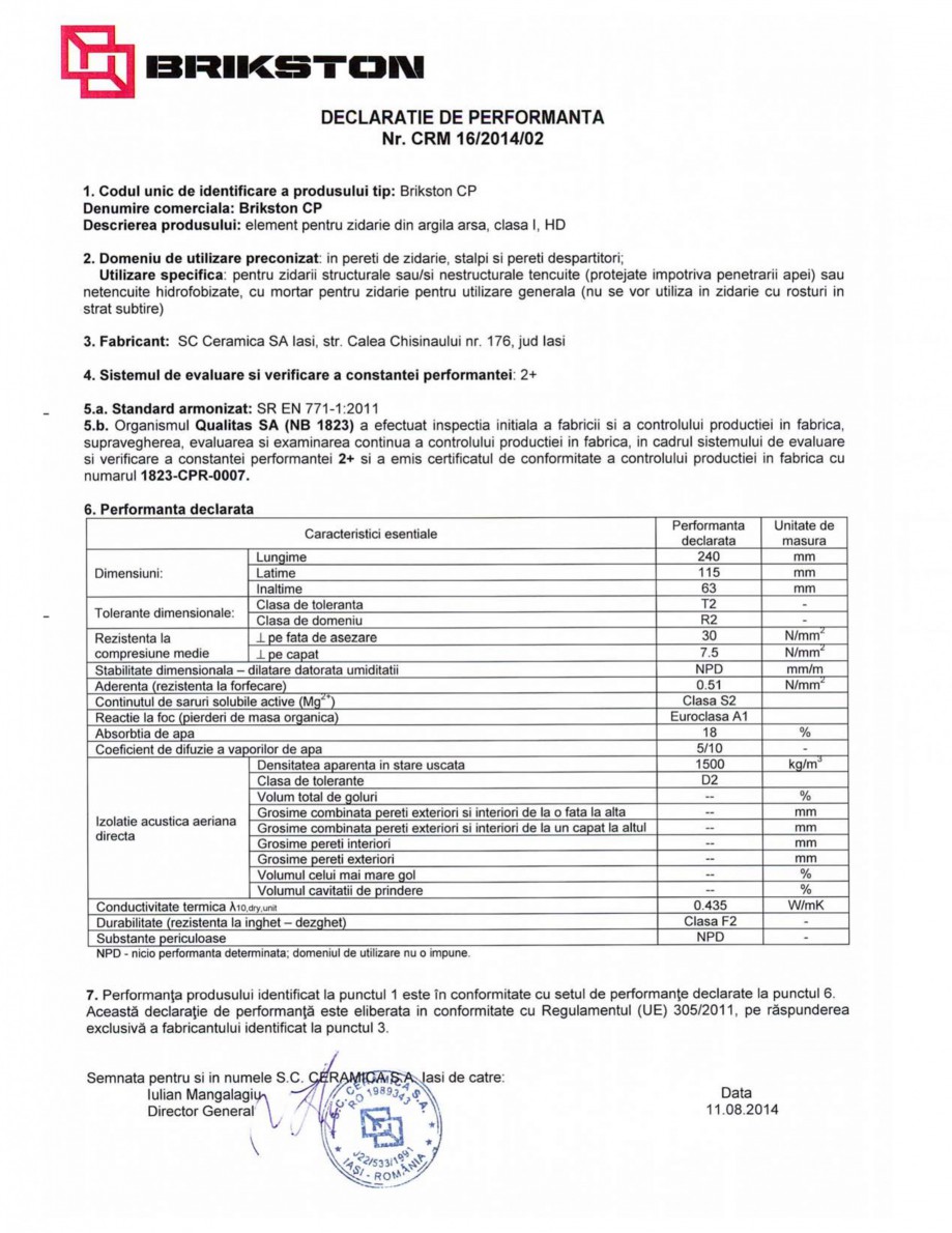 Pagina 1-Declaratie de performanta BRIKSTON CP Fisa tehnica Romana 