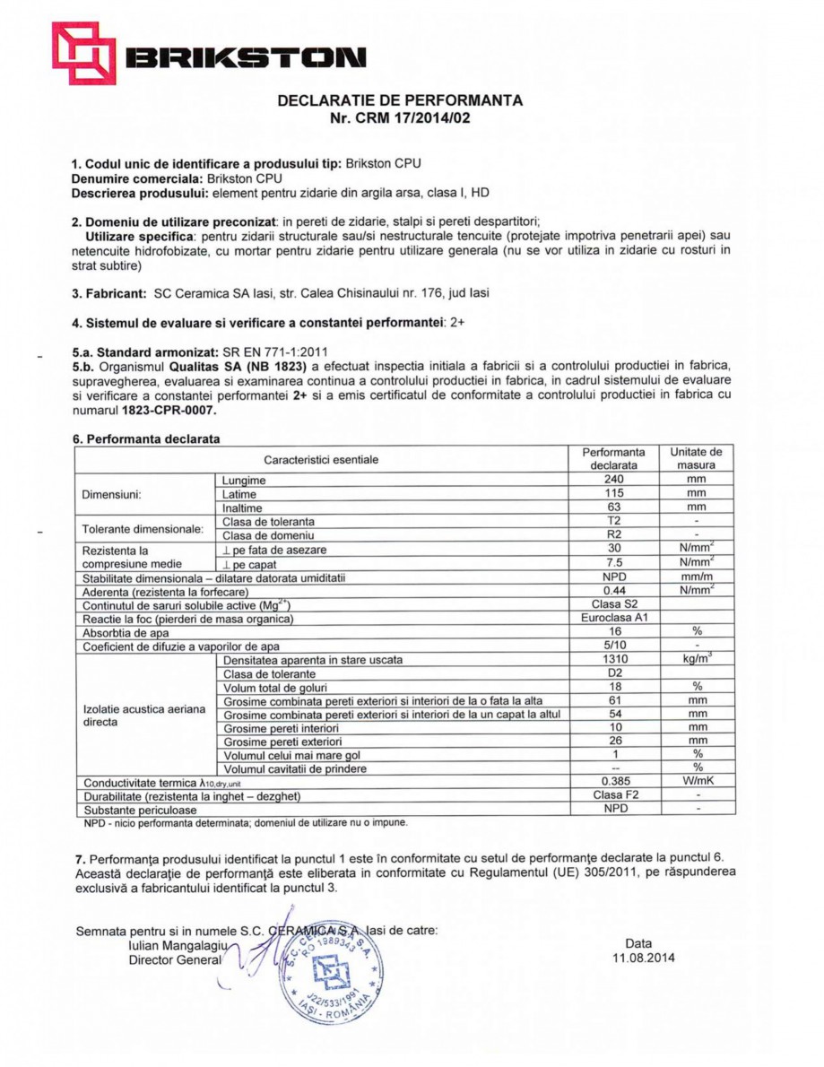 Pagina 1-Declaratie de performanta BRIKSTON CPU Fisa tehnica Romana 