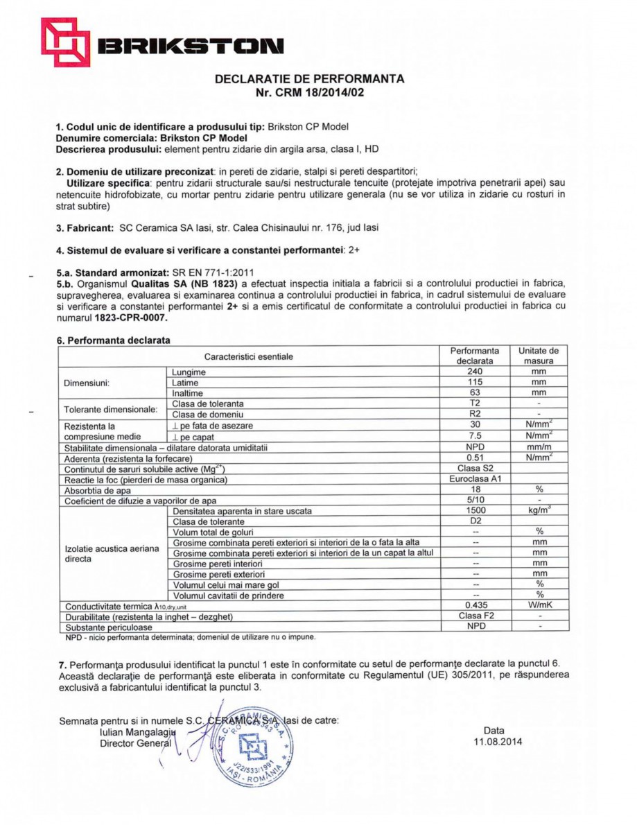 Pagina 1-Declaratie de performanta - cod CP Model BRIKSTON Fisa tehnica Romana 