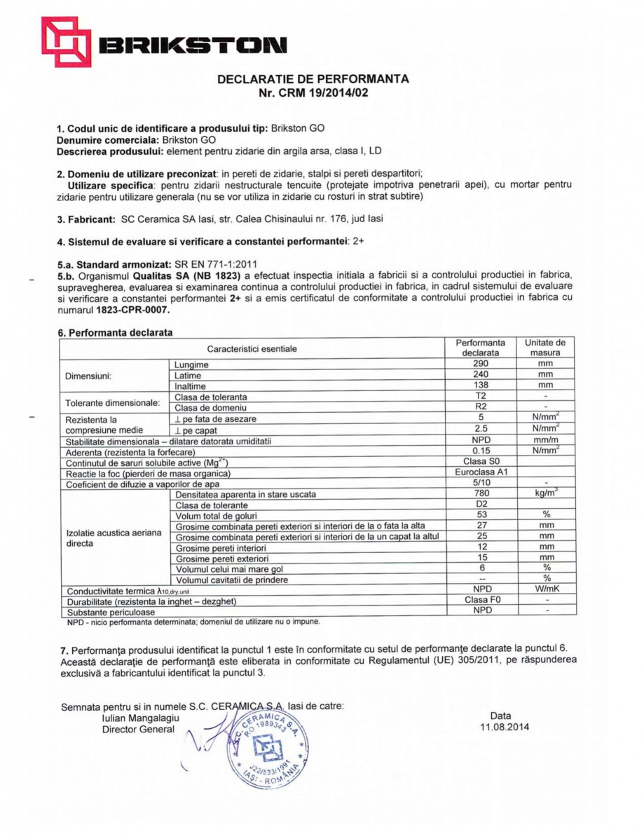 Pagina 1-Declaratie de performanta BRIKSTON GO Fisa tehnica Romana 
