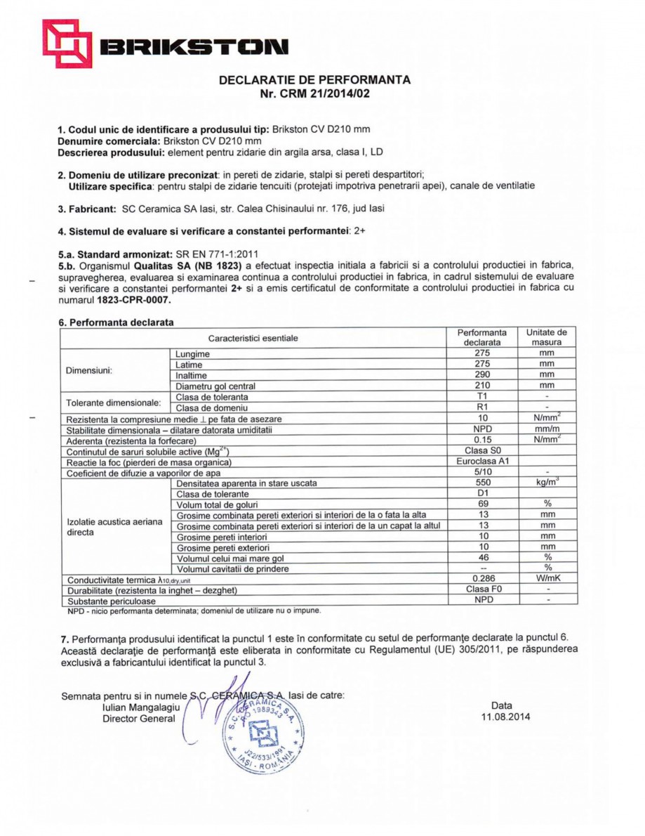 Pagina 1-Declaratie de performanta BRIKSTON CV D 210 Fisa tehnica Romana 