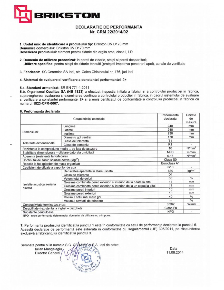 Pagina 1-Declaratie de performanta BRIKSTON CV D 170 Fisa tehnica Romana 