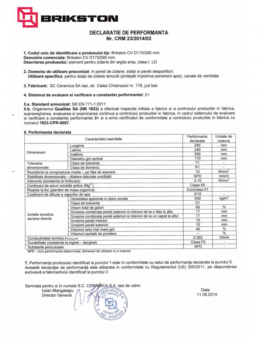 Pagina 1-Declaratie de performanta BRIKSTON CV D170/290 Fisa tehnica Romana 