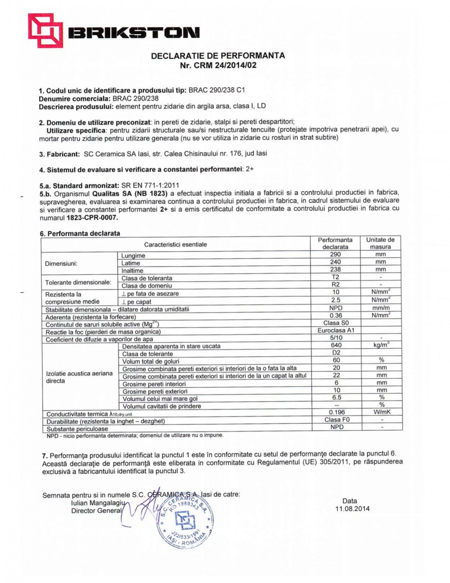 Pagina 1-Declaratie de performanta BRIKSTON Brac 290/238 Fisa tehnica Romana 