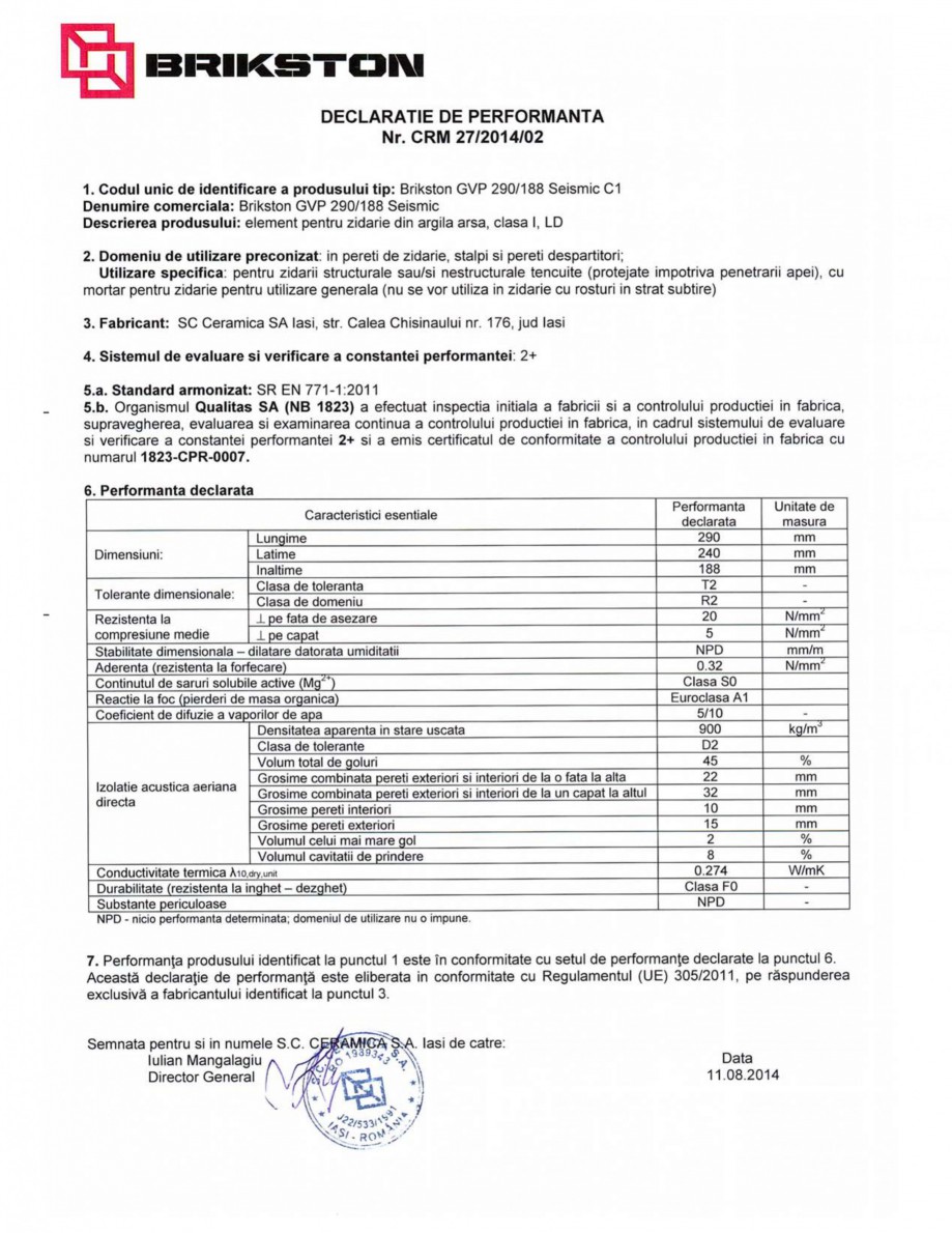 Pagina 1-Declaratie de performanta BRIKSTON GVP 290/188 Seismic Fisa tehnica Romana 