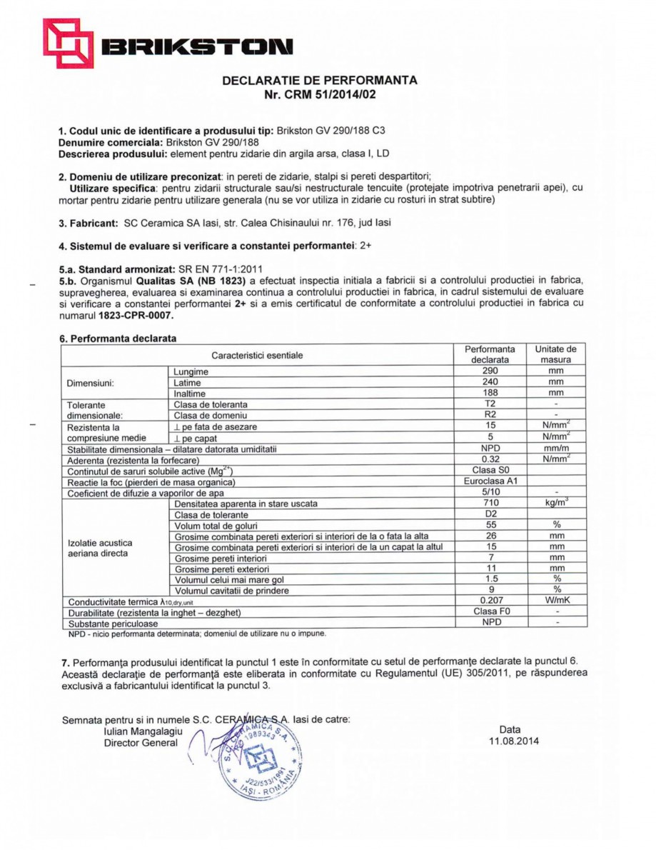 Pagina 1-Declaratie de performanta BRIKSTON GV 290/188 Fisa tehnica Romana 