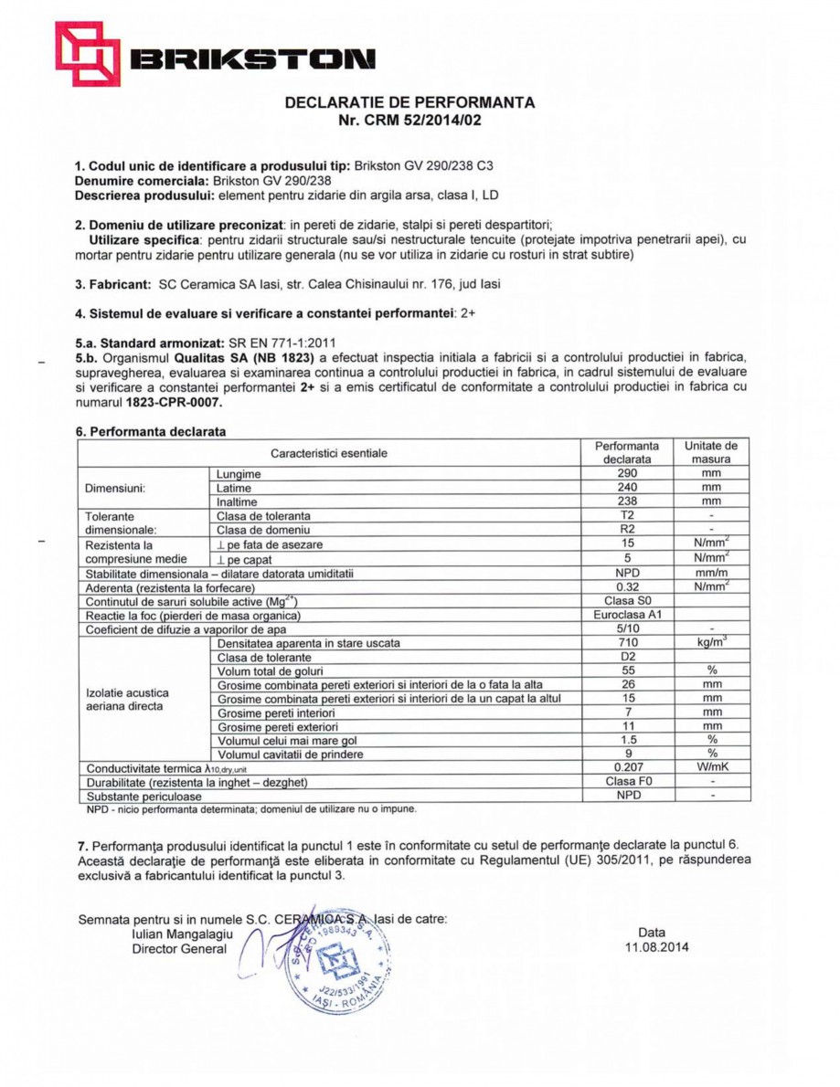 Pagina 1-Declaratie de performanta BRIKSTON GV 290/238 Fisa tehnica Romana 