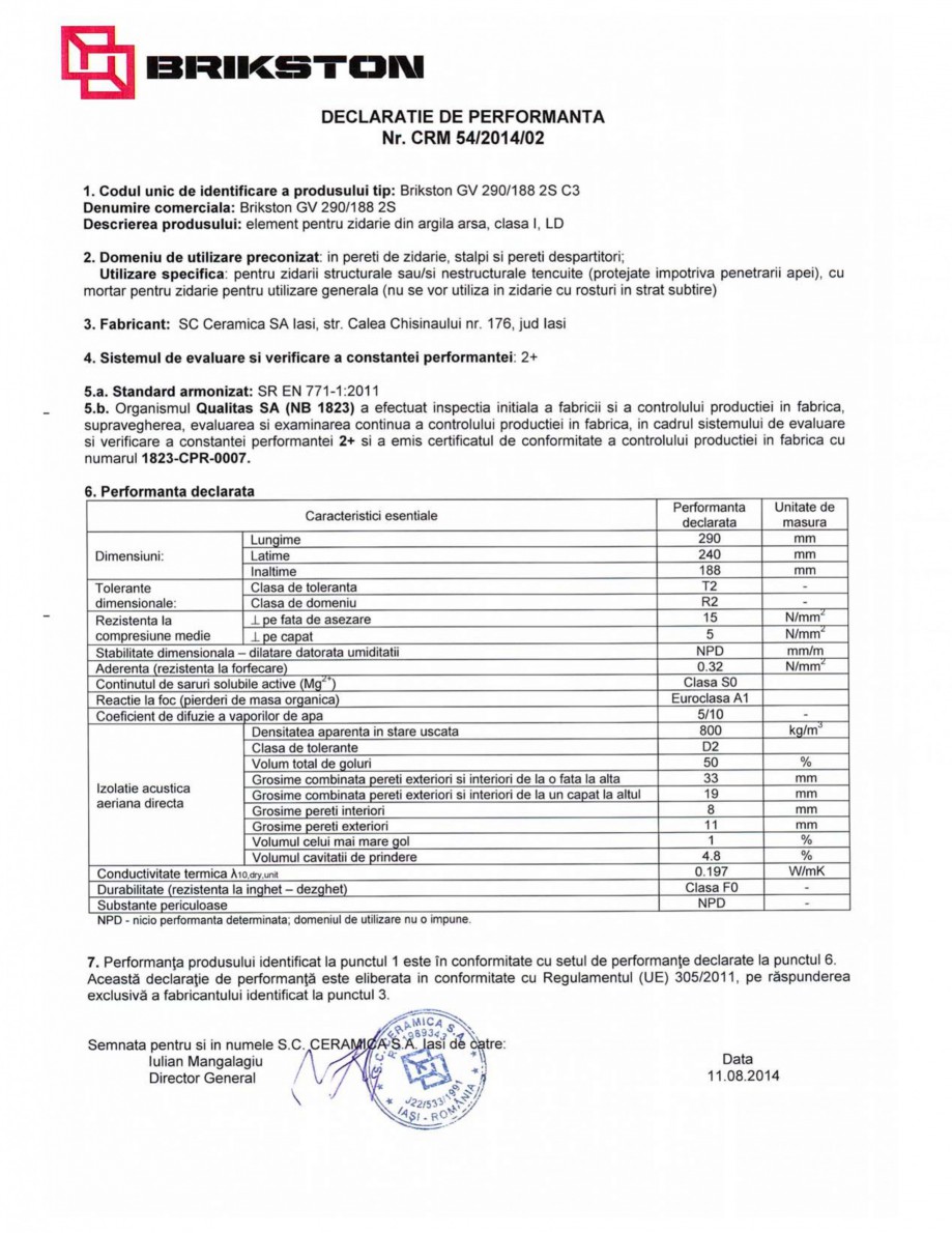 Pagina 1-Declaratie de performanta BRIKSTON GV 290/188 2S Fisa tehnica Romana 