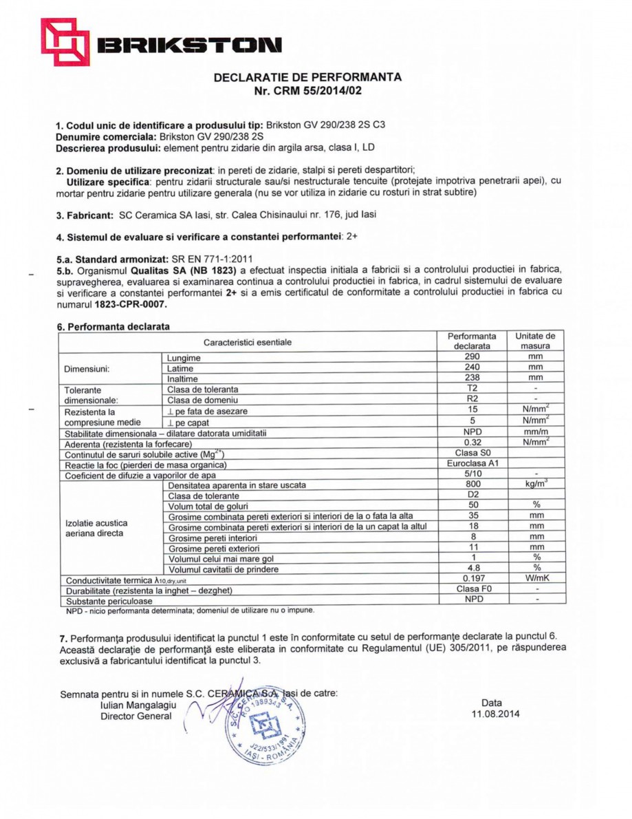 Pagina 1-Declaratie de performanta BRIKSTON GV 290/238 2S Fisa tehnica Romana 