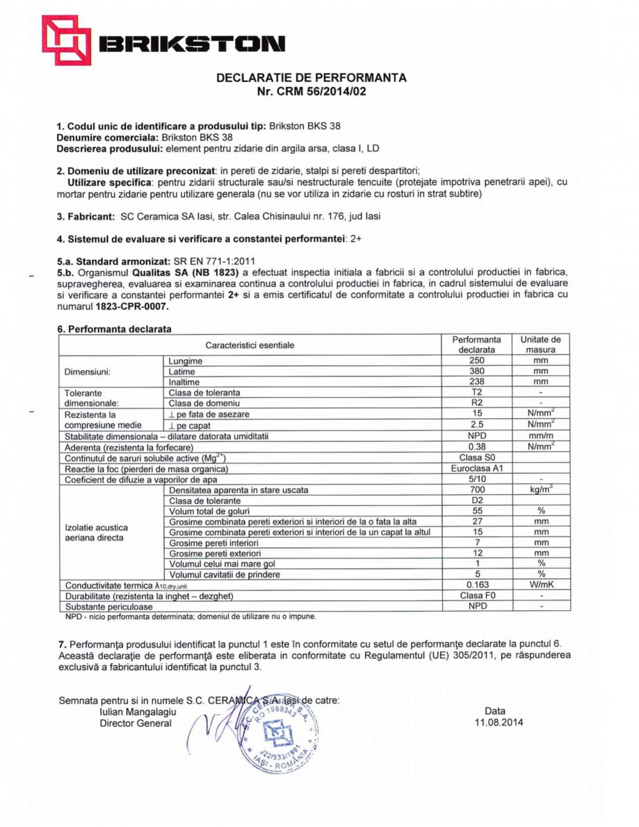 Pagina 1-Declaratie de performanta BRIKSTON BKS 38 Fisa tehnica Romana 