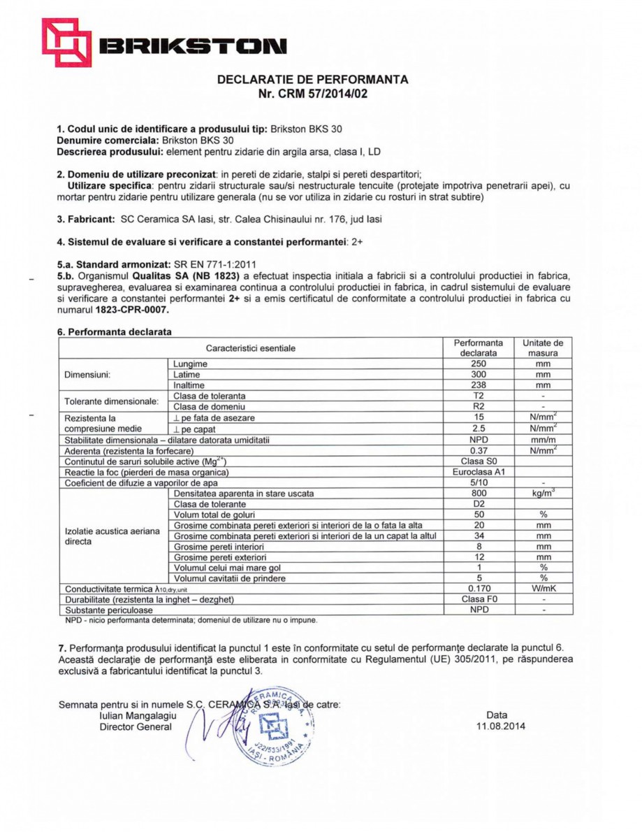 Pagina 1-Declaratie de performanta BRIKSTON BKS 30 Fisa tehnica Romana 