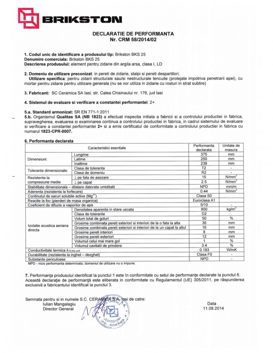 Pagina 1-Declaratie de performanta BRIKSTON BKS 25 Fisa tehnica Romana 