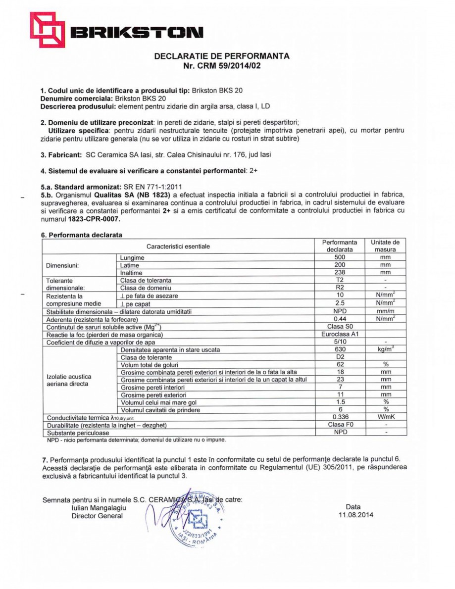 Pagina 1-Declaratie de performanta BRIKSTON BKS 20 Fisa tehnica Romana 