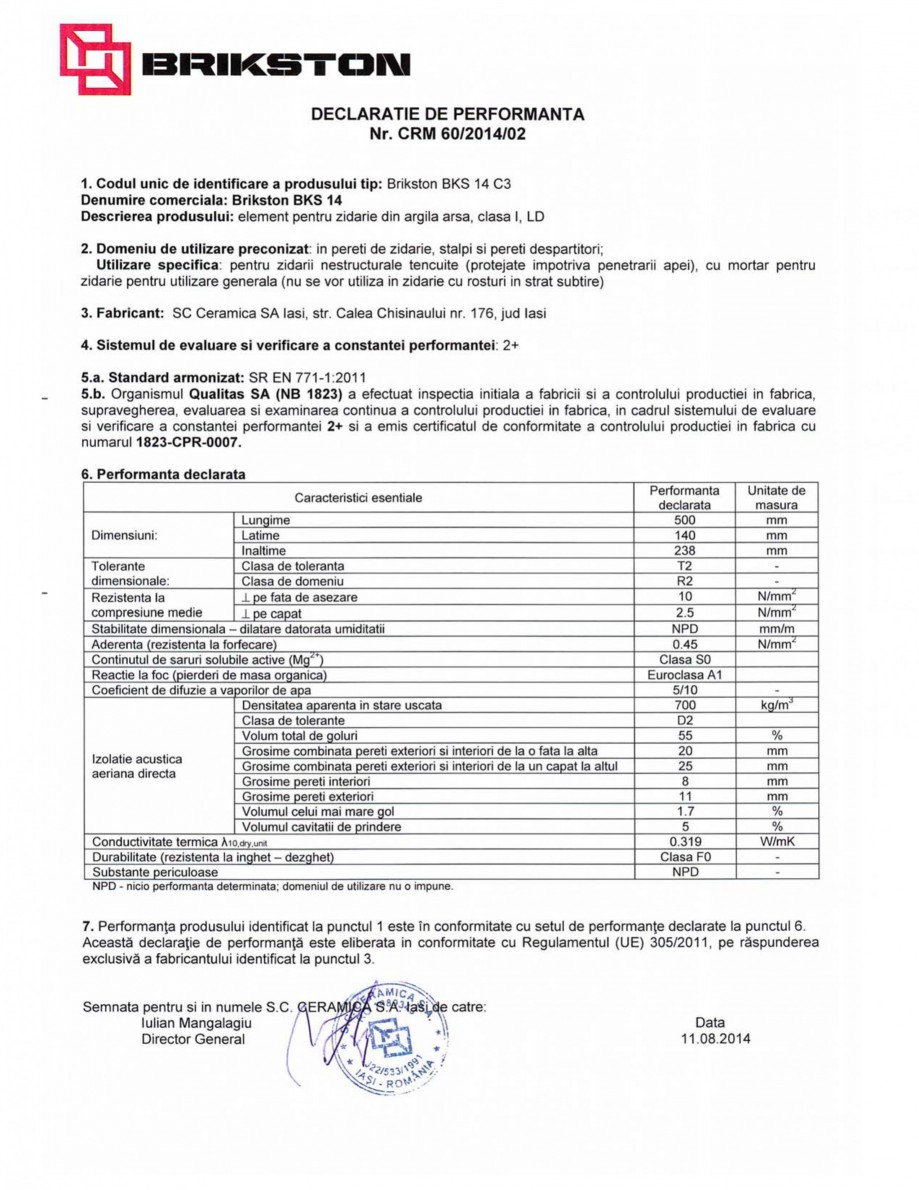 Pagina 1-Declaratie de performanta - cod C3 BRIKSTON BKS 14 Fisa tehnica Romana 