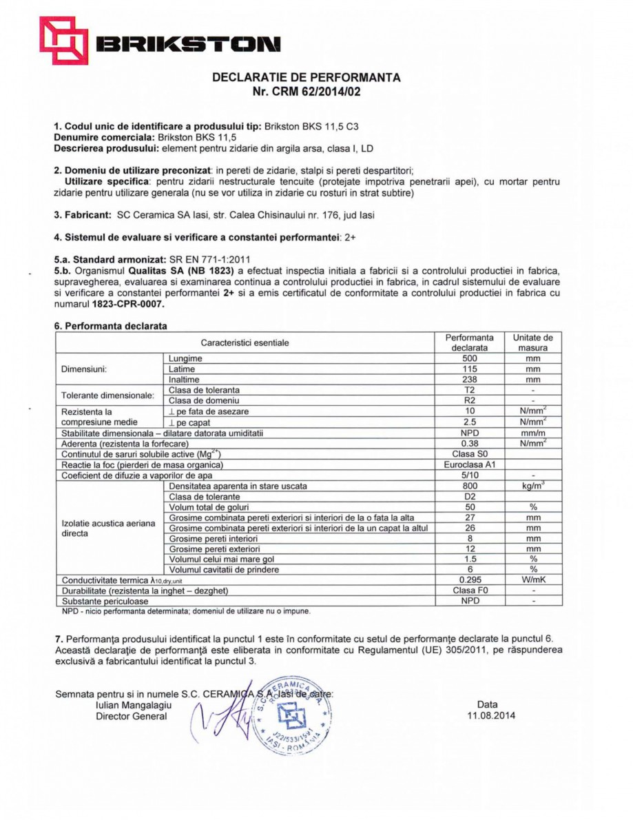 Pagina 1-Declaratie de performanta BRIKSTON BKS 11.5 Fisa tehnica Romana 
