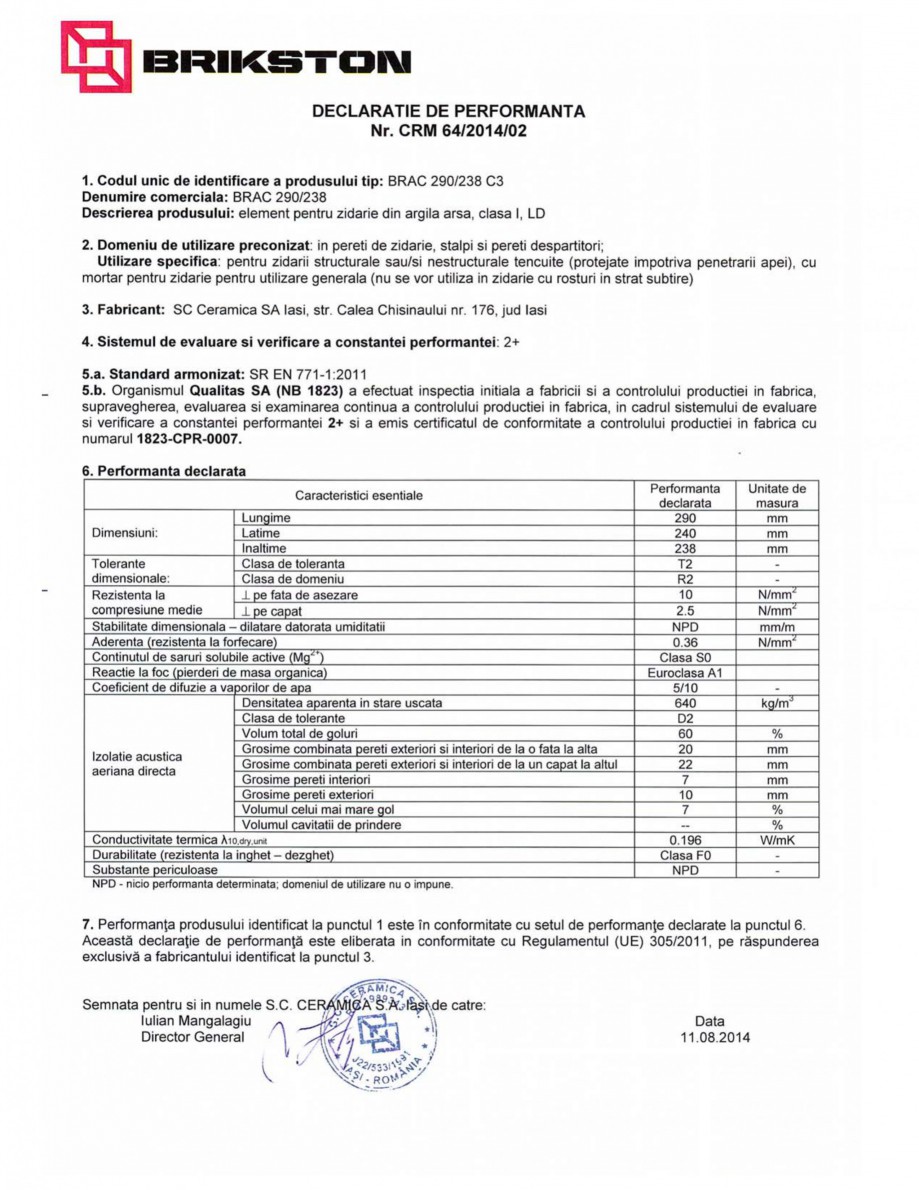 Pagina 1-Declaratie de performanta BRIKSTON Brac 290/238 Fisa tehnica Romana 