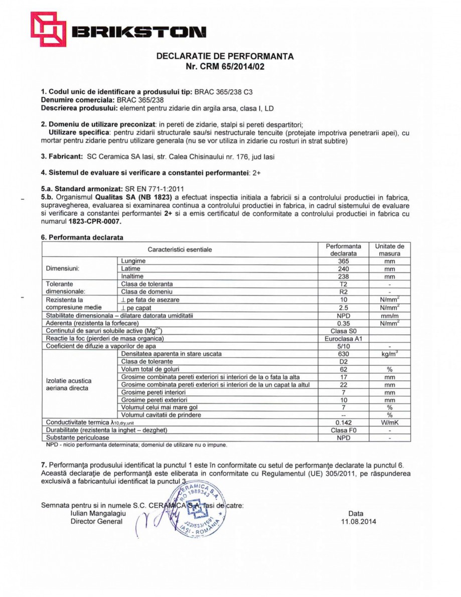 Pagina 1-Declaratie de performanta BRIKSTON Brac 365/238 Fisa tehnica Romana 